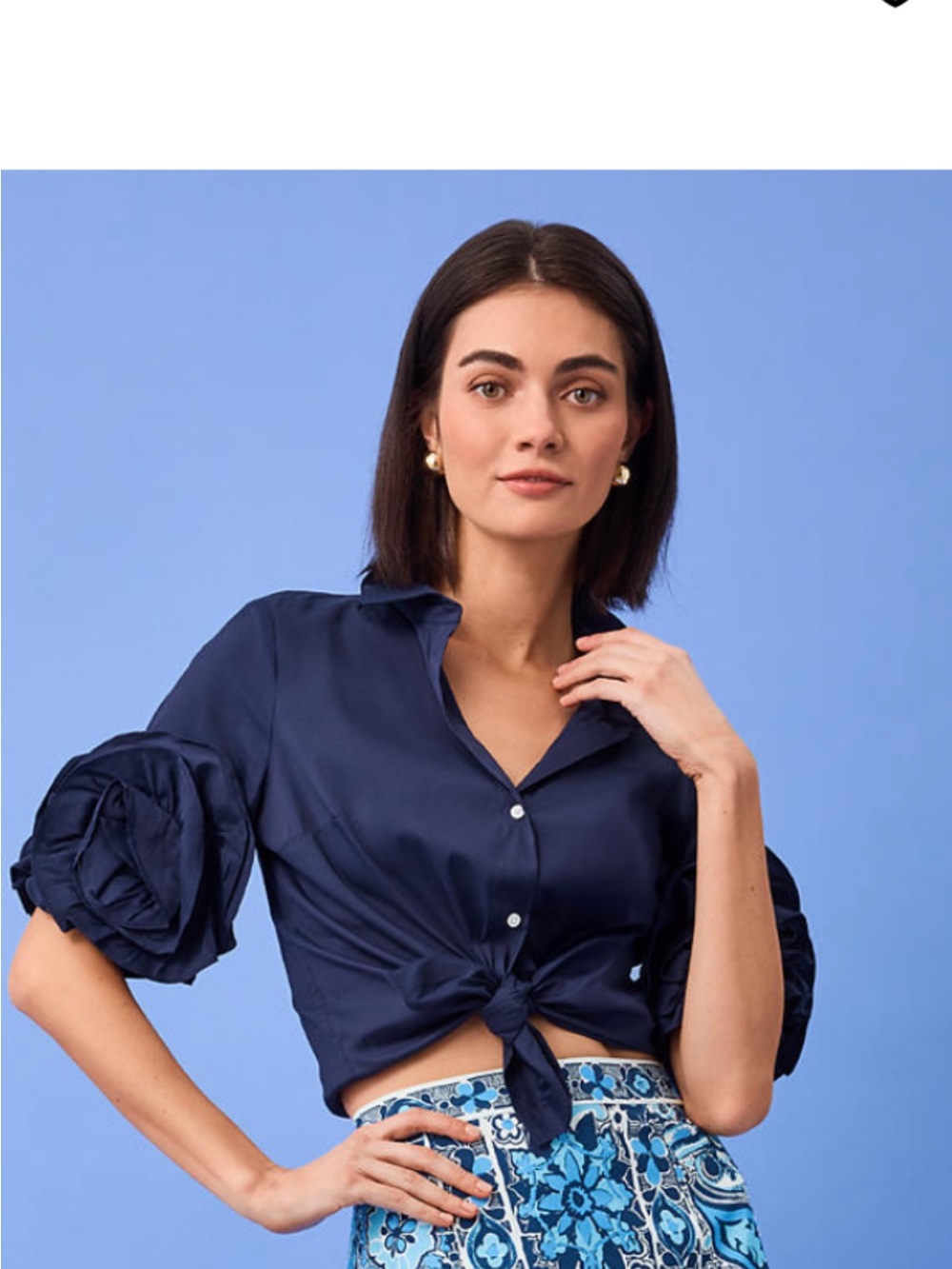 The Lilly Flower shirt Navy Ruffle-Sleeve Button-Down Top. Used only once.